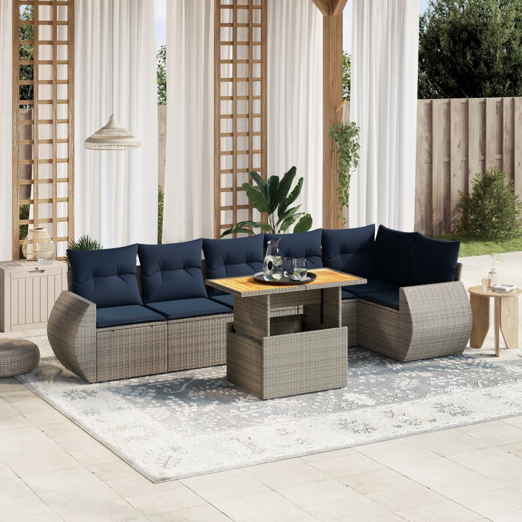 7 pcs conjunto sofás p/ jardim c/ almofadões vime PE cinzento