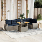 7 pcs conjunto sofás p/ jardim c/ almofadões vime PE cinzento