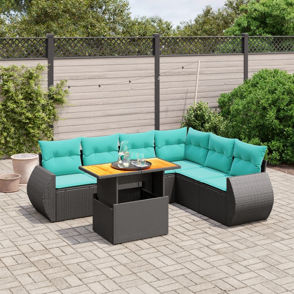 7 pcs conjunto de sofás p/ jardim c/ almofadões vime PE preto