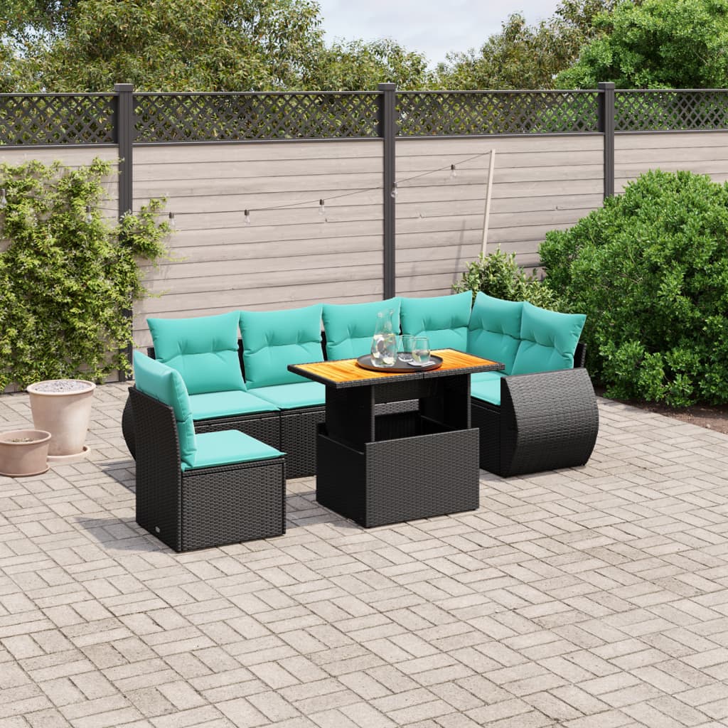 7 pcs conjunto de sofás p/ jardim c/ almofadões vime PE preto