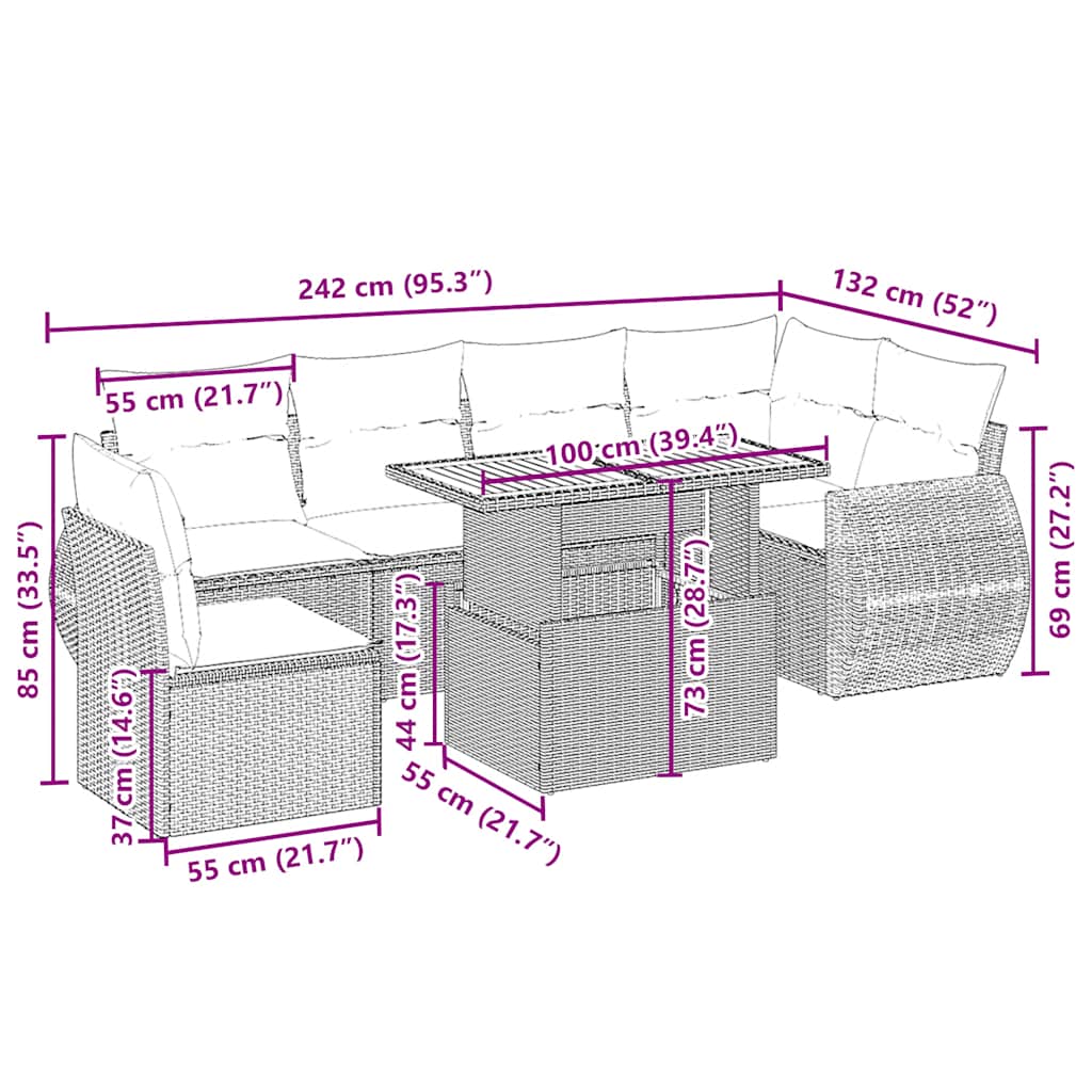 7 pcs conjunto de sofás p/ jardim com almofadões vime PE bege