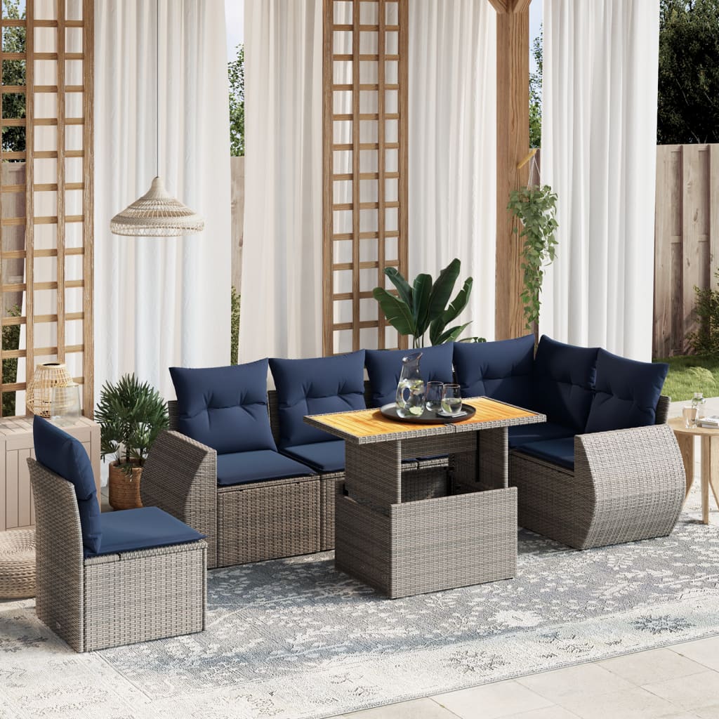 7 pcs conjunto sofás p/ jardim c/ almofadões vime PE cinzento