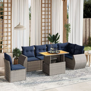 7 pcs conjunto sofás p/ jardim c/ almofadões vime PE cinzento