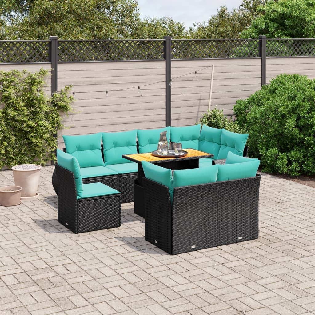 9 pcs conjunto de sofás p/ jardim c/ almofadões vime PE preto