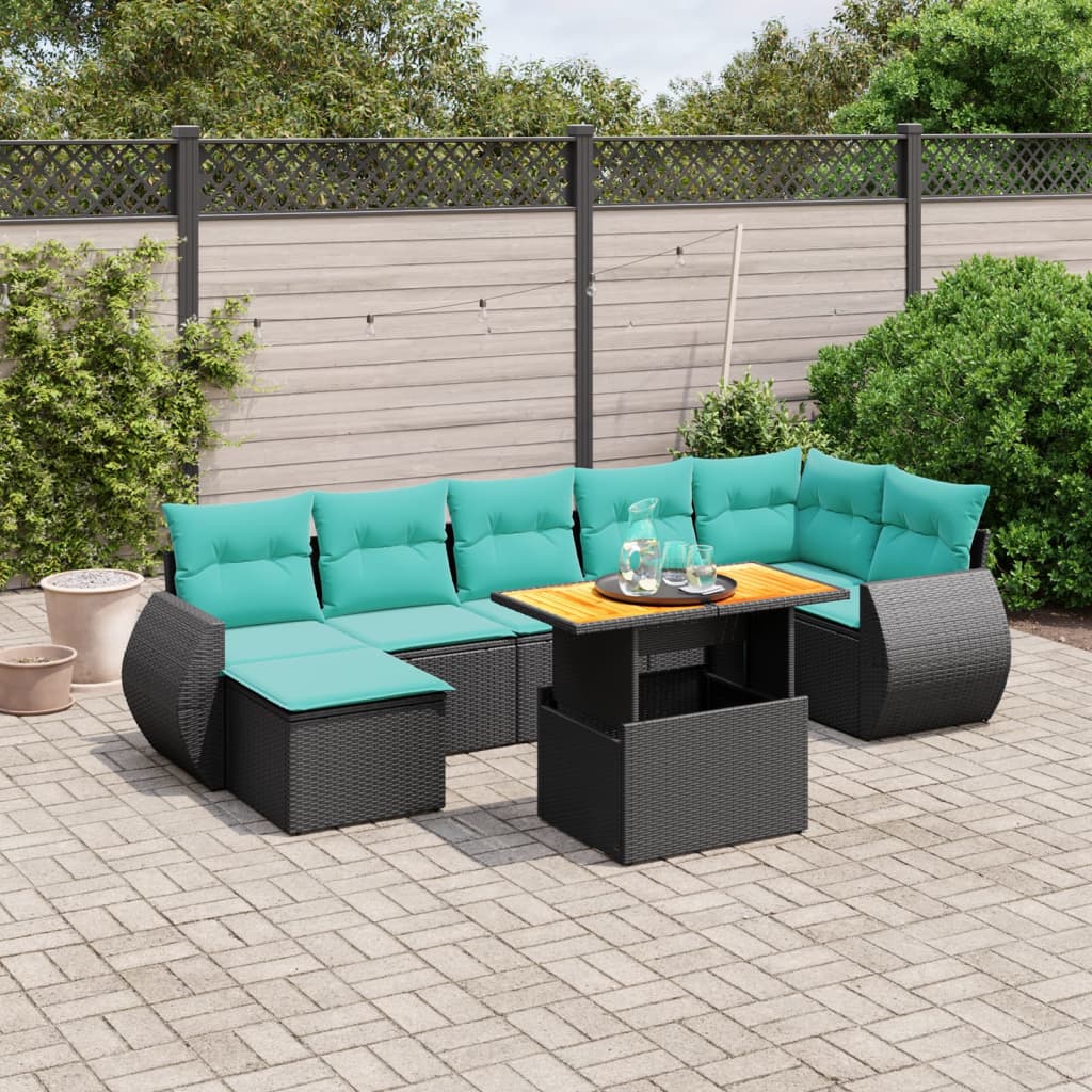 8 pcs conjunto de sofás p/ jardim c/ almofadões vime PE preto