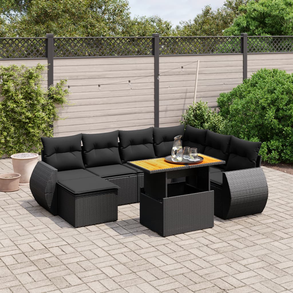 8 pcs conjunto sofás de jardim com almofadões vime PE preto