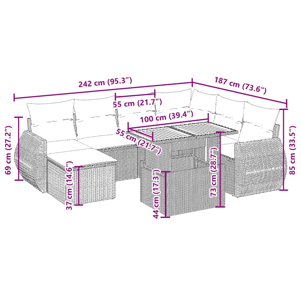 8 pcs conjunto de sofás p/ jardim com almofadões vime PE bege