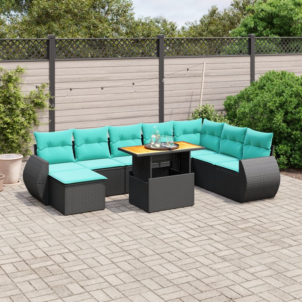 9 pcs conjunto de sofás p/ jardim c/ almofadões vime PE preto