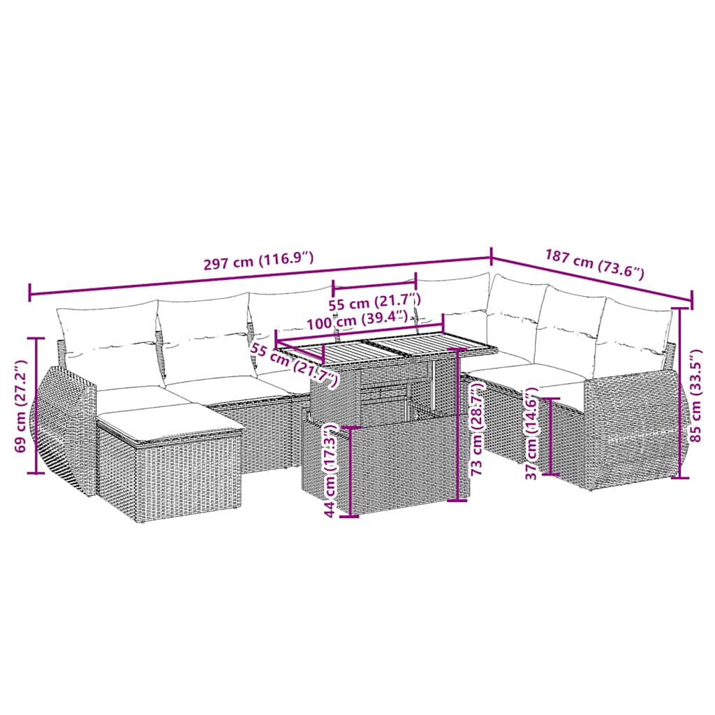 9 pcs conjunto de sofás p/ jardim com almofadões vime PE bege