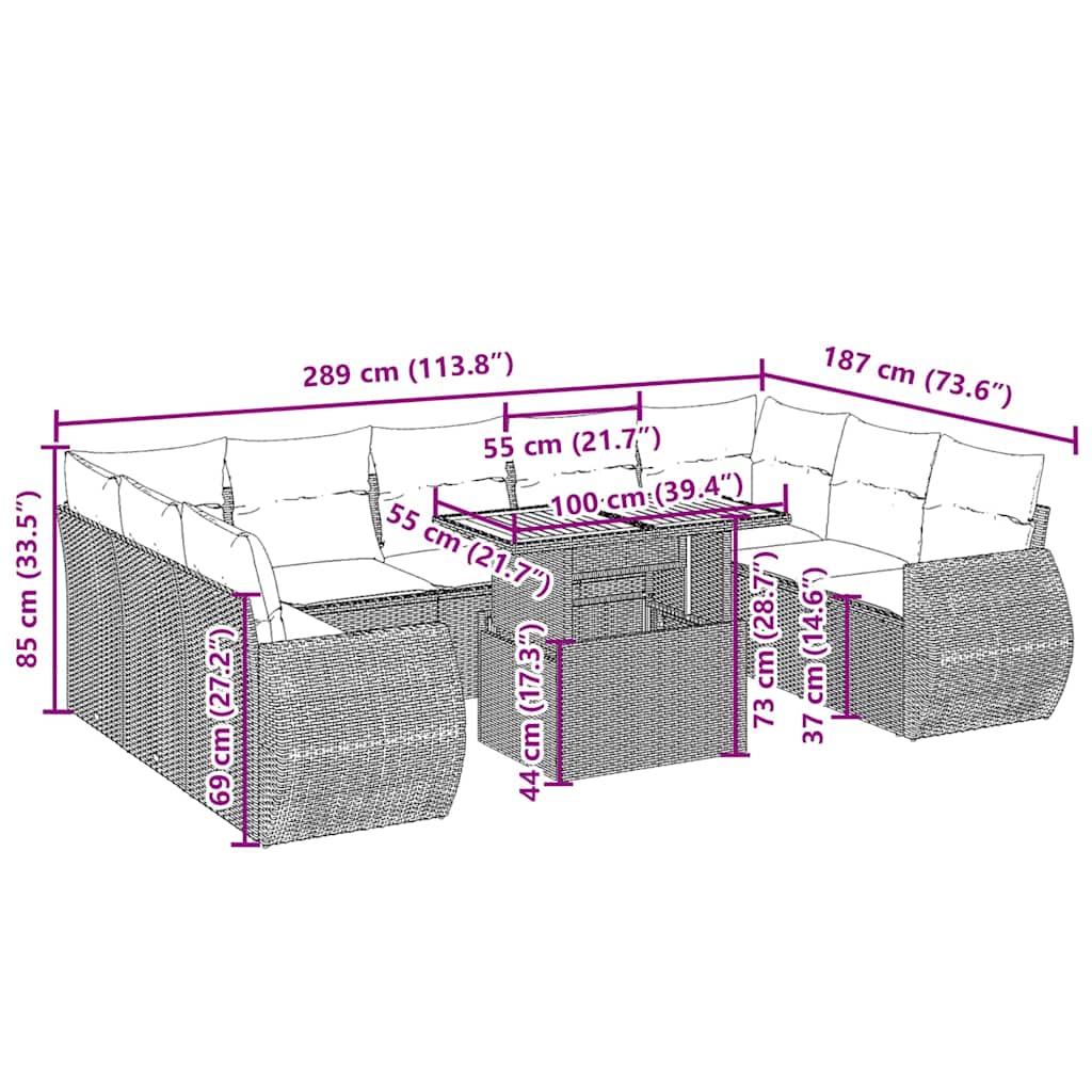 10 pcs conjunto de sofás p/ jardim com almofadões vime PE bege
