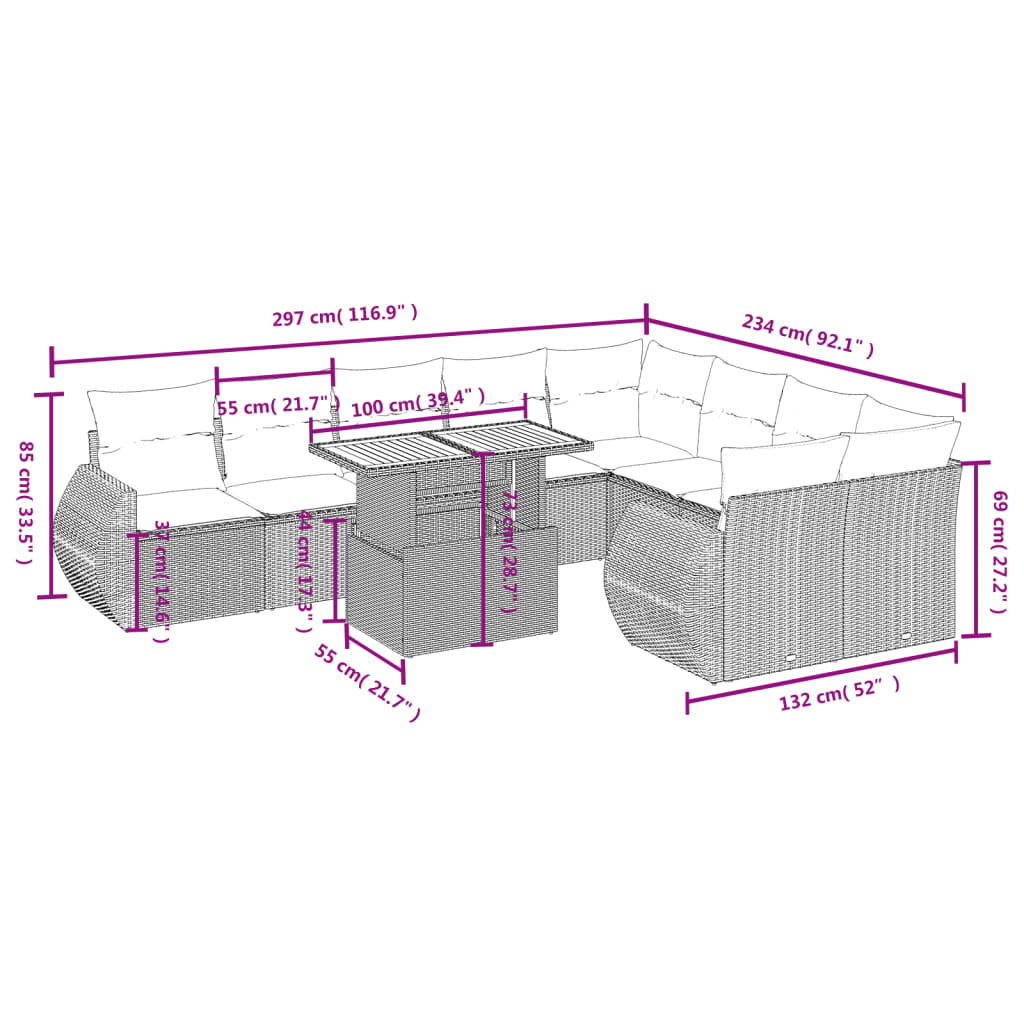 10 pcs conjunto de sofás p/ jardim c/ almofadões vime PE preto