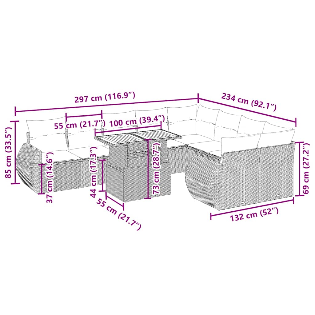 10 pcs conjunto de sofás p/ jardim com almofadões vime PE bege