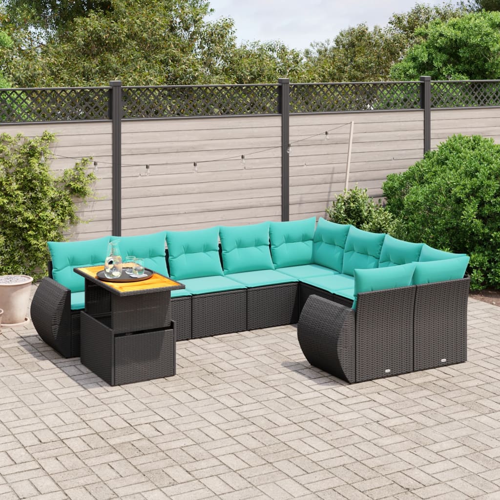 10 pcs conjunto de sofás p/ jardim c/ almofadões vime PE preto