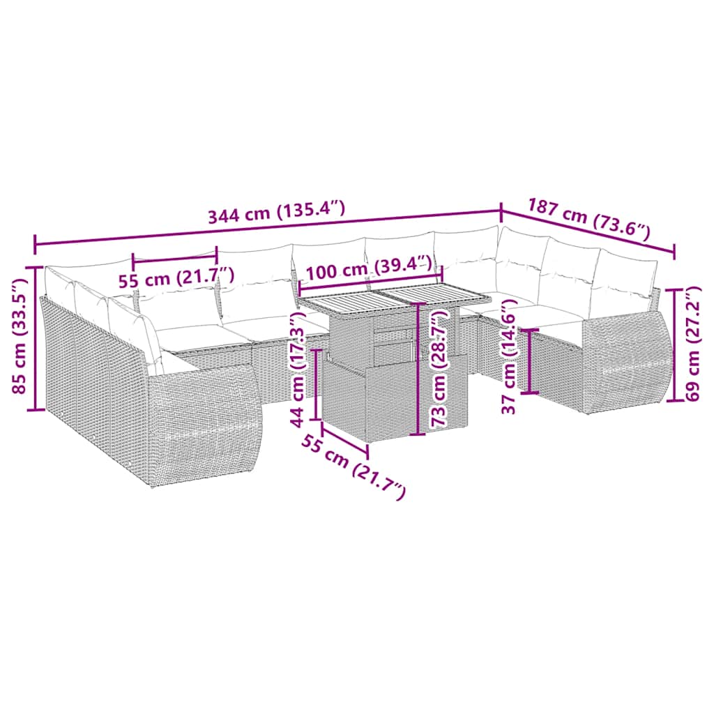 11 pcs conjunto sofás de jardim c/ almofadões vime PE bege