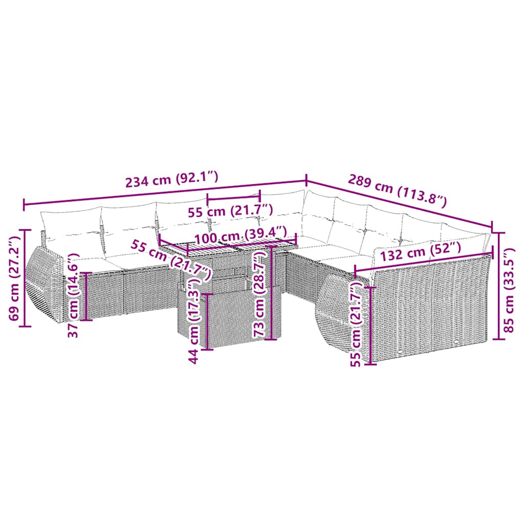 11 pcs conjunto sofás de jardim c/ almofadões vime PE bege