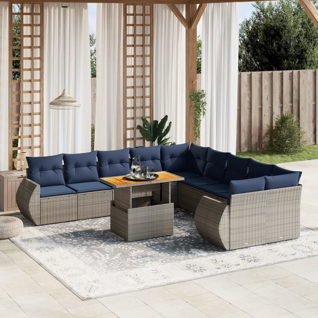 11 pcs conjunto sofás de jardim c/ almofadões vime PE cinzento