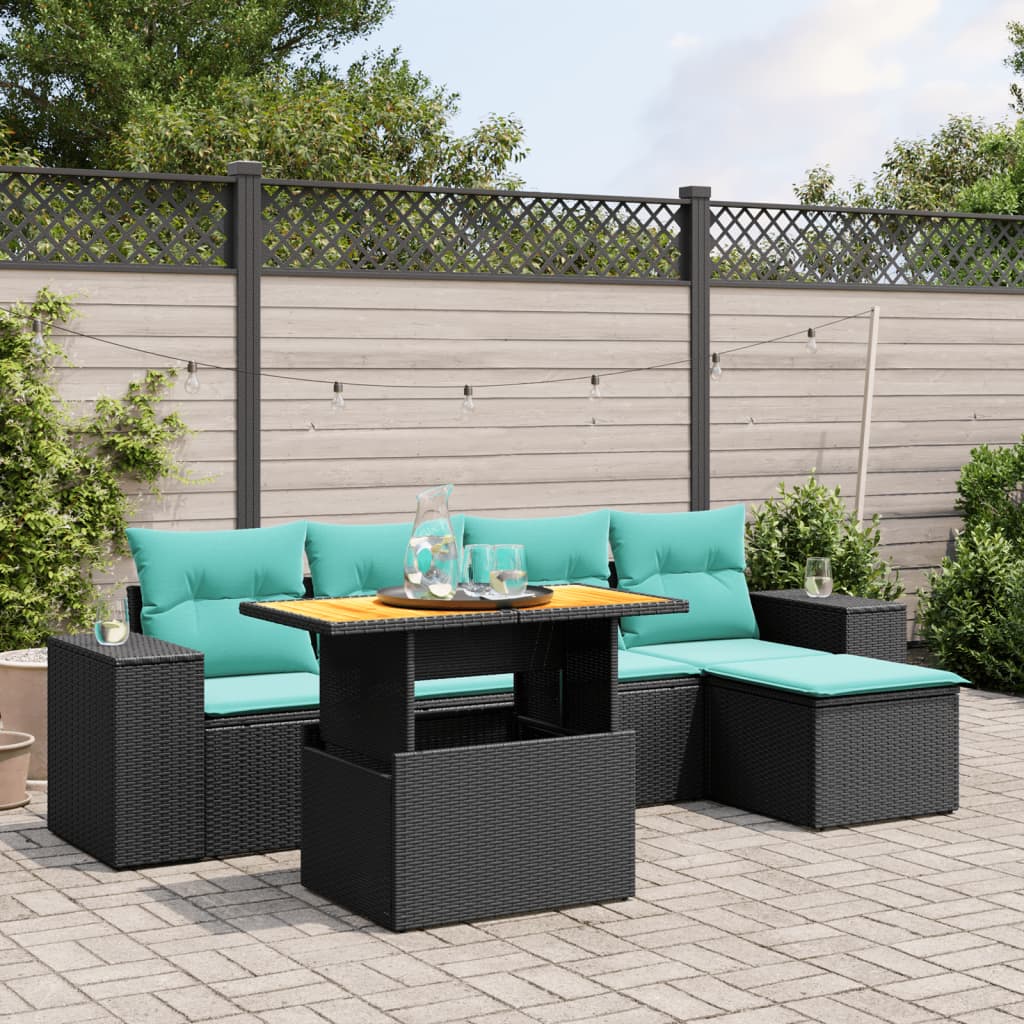 6 pcs conjunto de sofás p/ jardim c/ almofadões vime PE preto