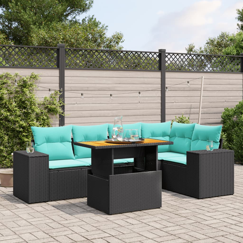 6 pcs conjunto de sofás p/ jardim c/ almofadões vime PE preto