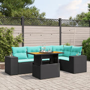 6 pcs conjunto de sofás p/ jardim c/ almofadões vime PE preto