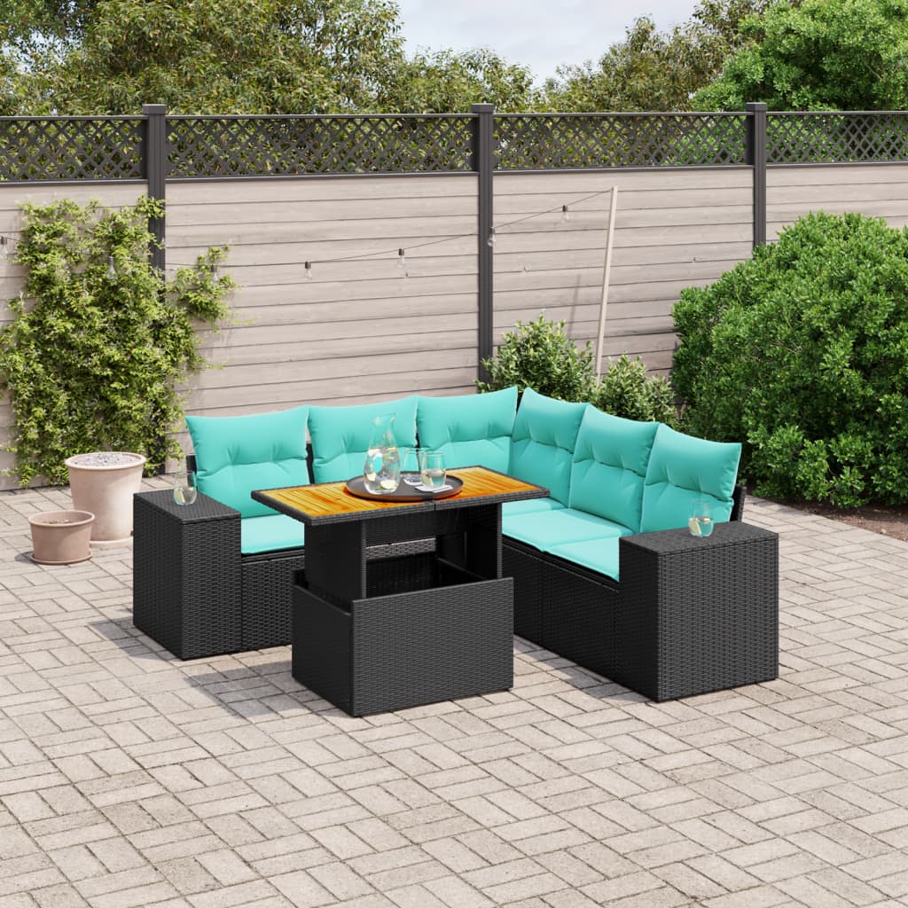 6 pcs conjunto de sofás p/ jardim c/ almofadões vime PE preto