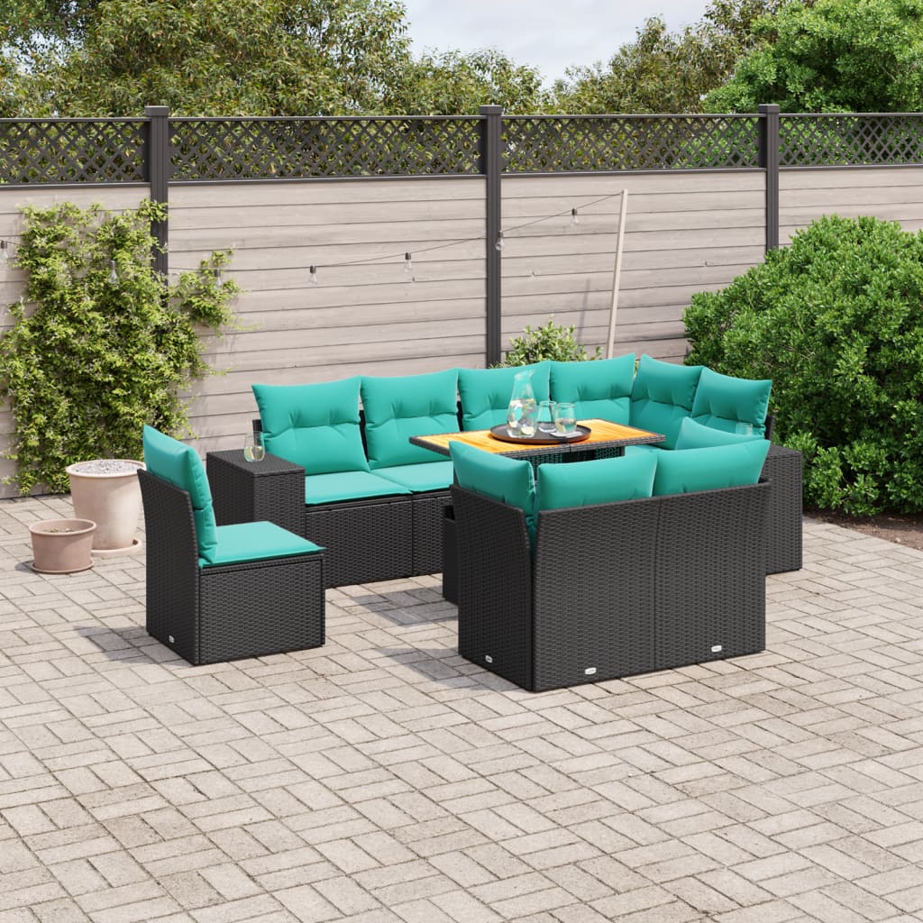 9 pcs conjunto de sofás p/ jardim c/ almofadões vime PE preto