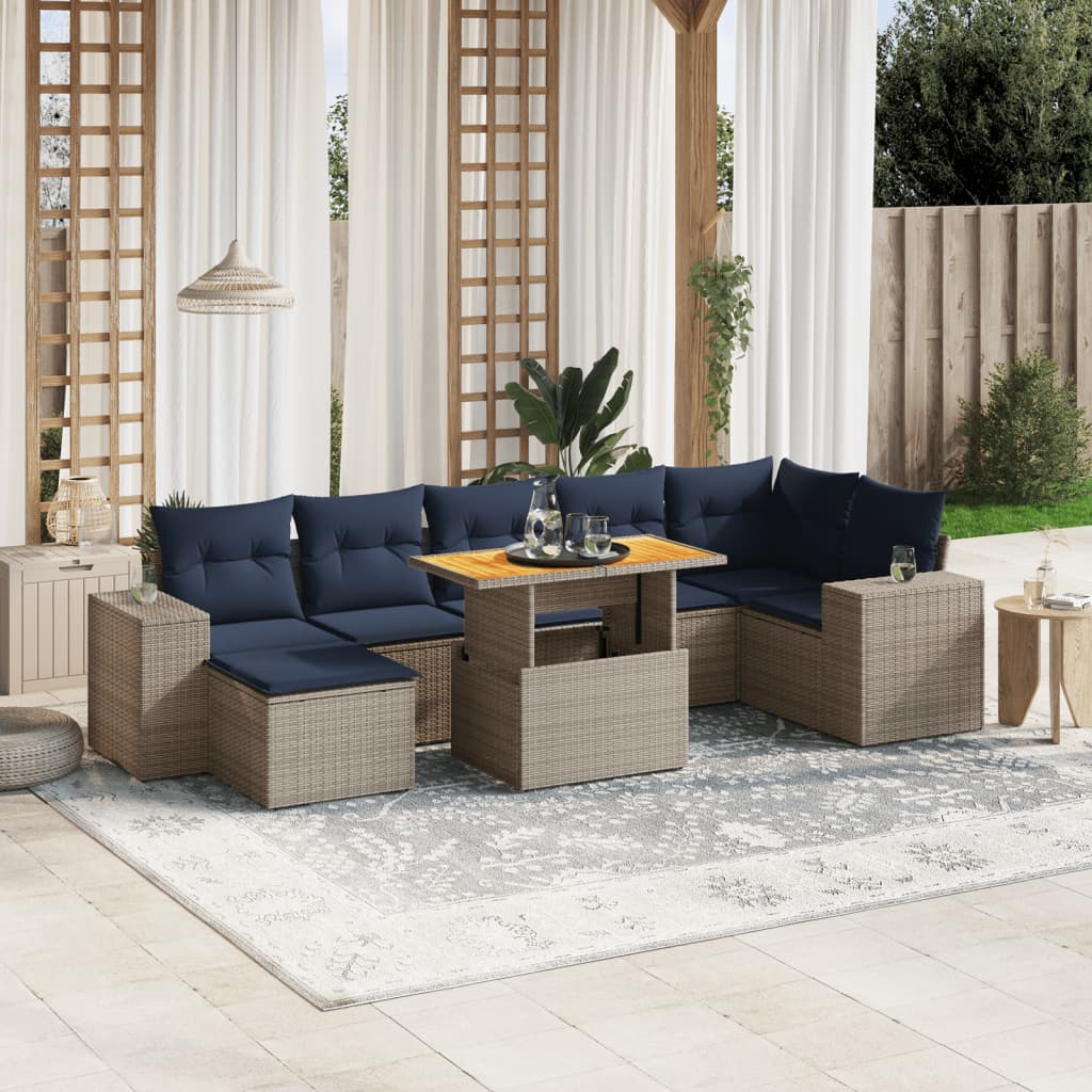 8 pcs conjunto sofás p/ jardim c/ almofadões vime PE cinzento