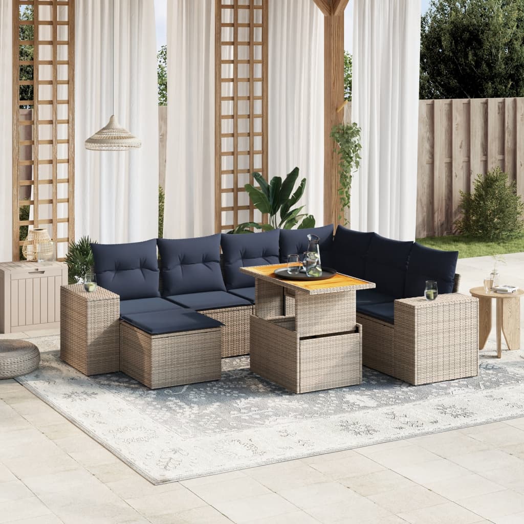 8 pcs conjunto sofás p/ jardim c/ almofadões vime PE cinzento