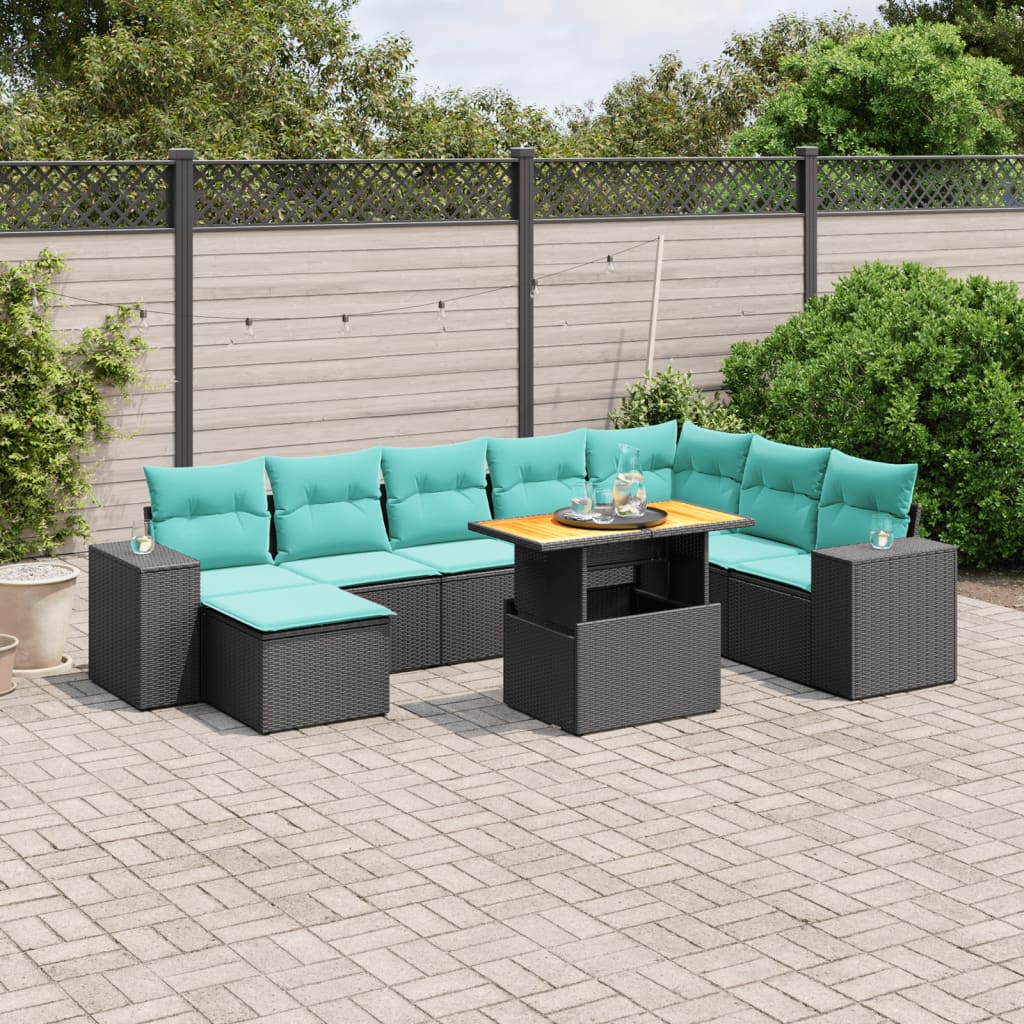 9 pcs conjunto de sofás p/ jardim c/ almofadões vime PE preto