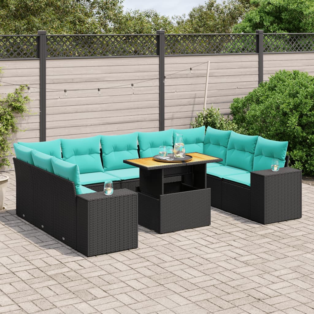 10 pcs conjunto de sofás p/ jardim c/ almofadões vime PE preto