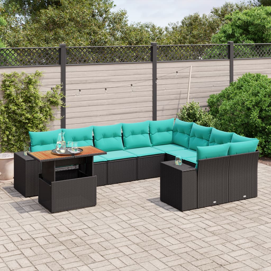 10 pcs conjunto de sofás p/ jardim c/ almofadões vime PE preto