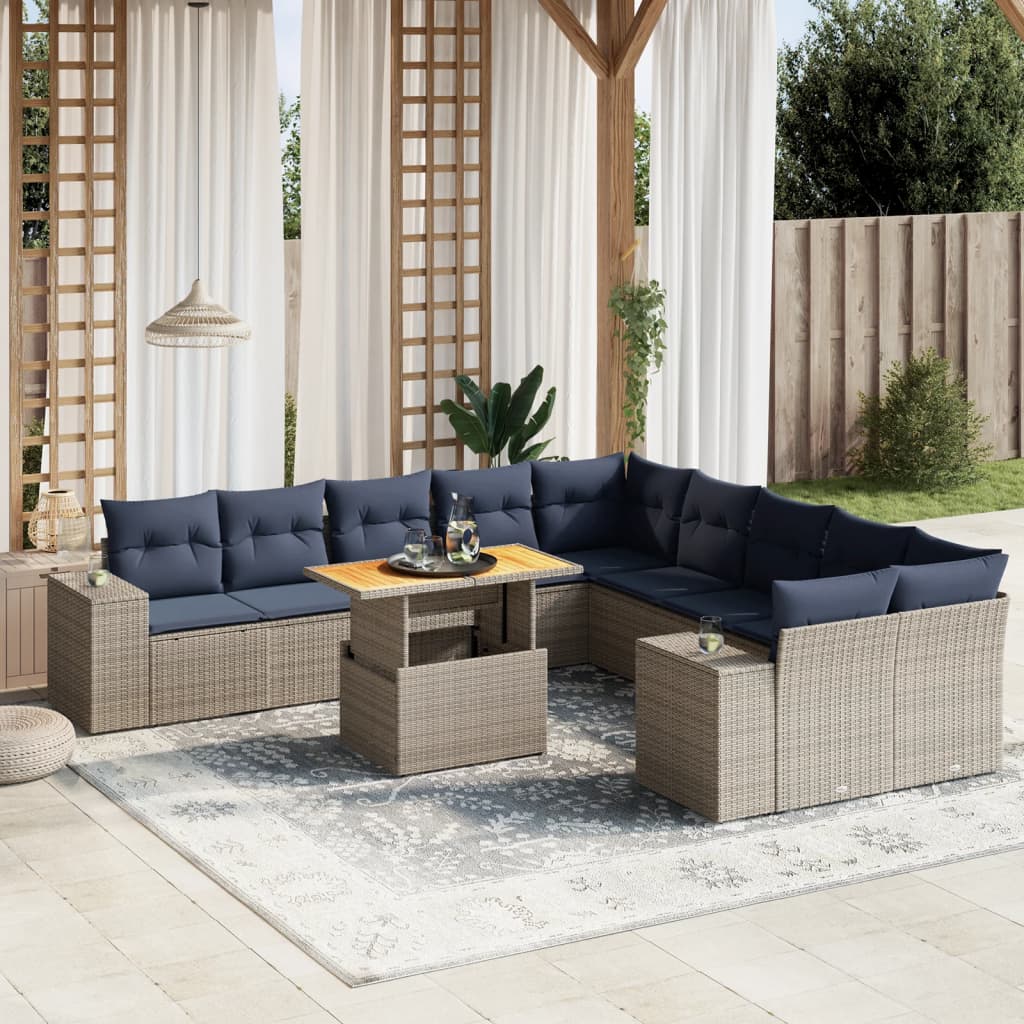 11 pcs conjunto sofás de jardim c/ almofadões vime PE cinzento