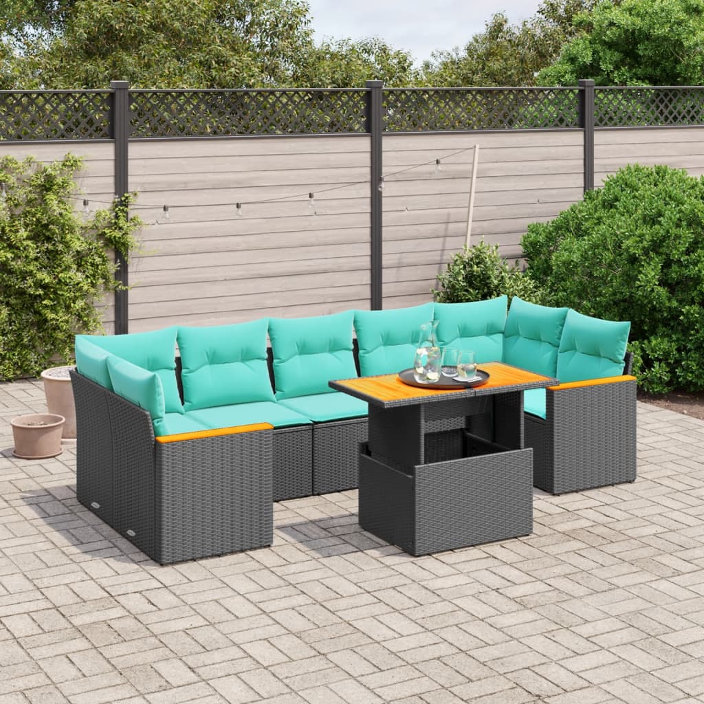 8 pcs conjunto de sofás p/ jardim c/ almofadões vime PE preto