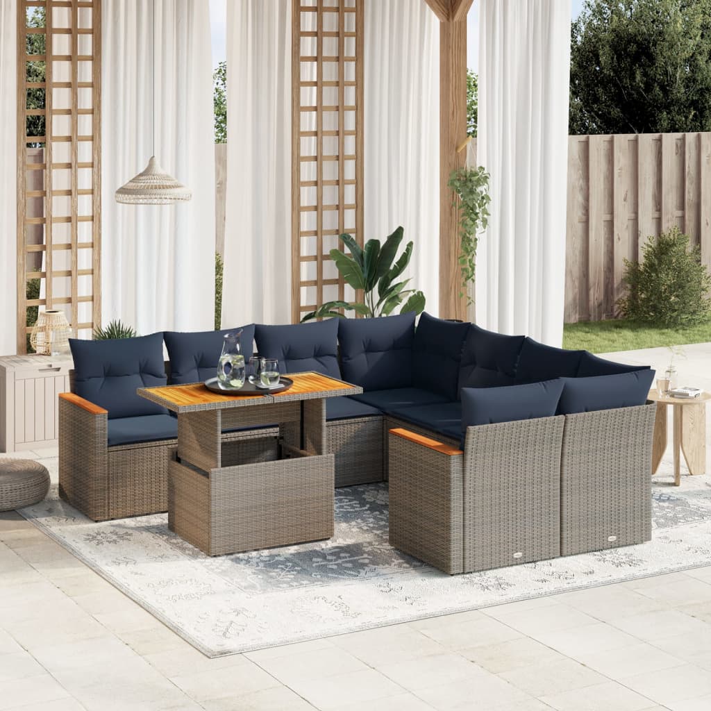 9 pcs conjunto sofás p/ jardim c/ almofadões vime PE cinzento