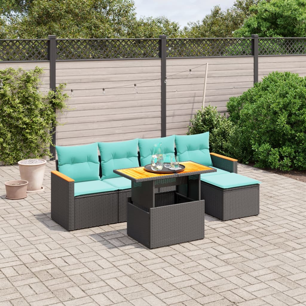 6 pcs conjunto de sofás p/ jardim c/ almofadões vime PE preto