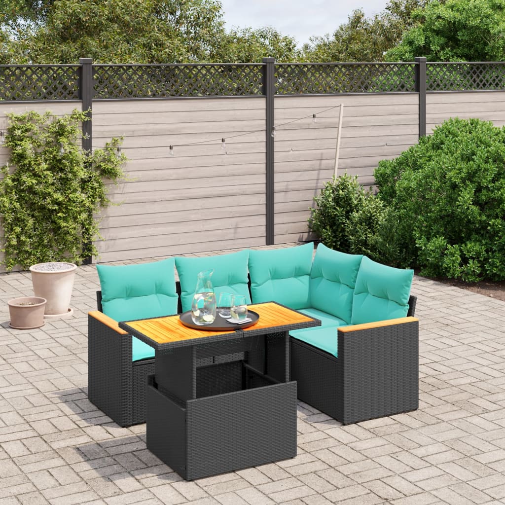 5 pcs conjunto de sofás p/ jardim c/ almofadões vime PE preto