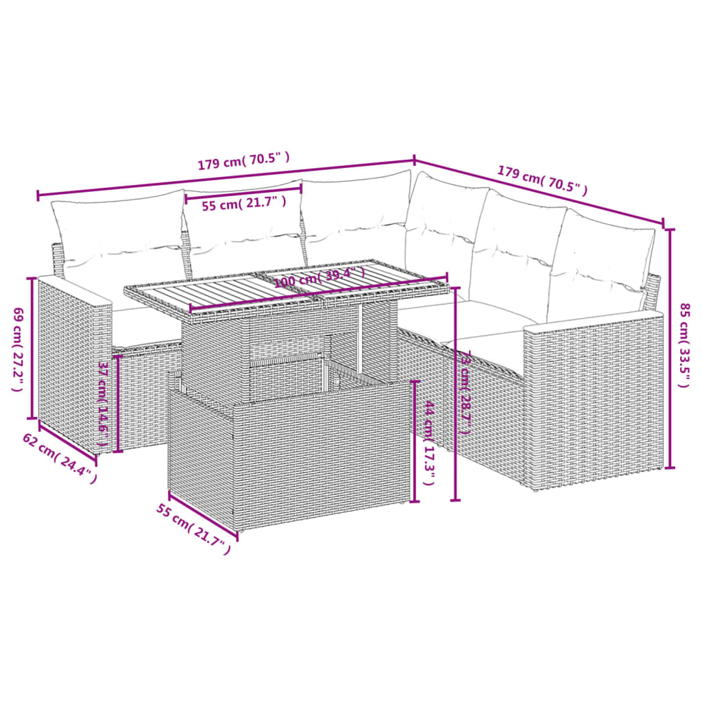 6 pcs conjunto de sofás p/ jardim c/ almofadões vime PE preto