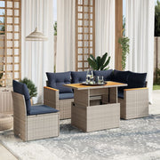 6 pcs conjunto sofás p/ jardim c/ almofadões vime PE cinzento