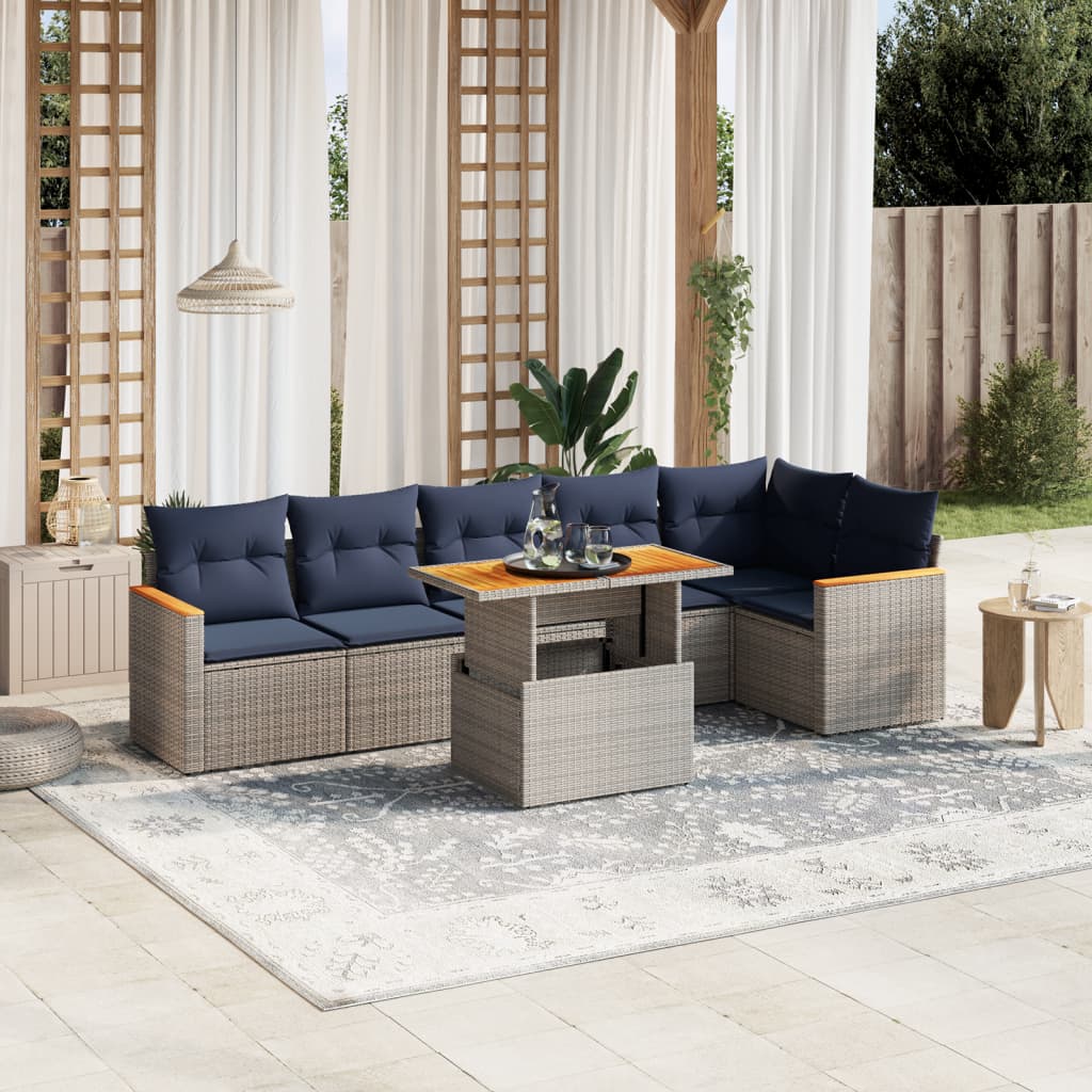 7 pcs conjunto sofás p/ jardim c/ almofadões vime PE cinzento