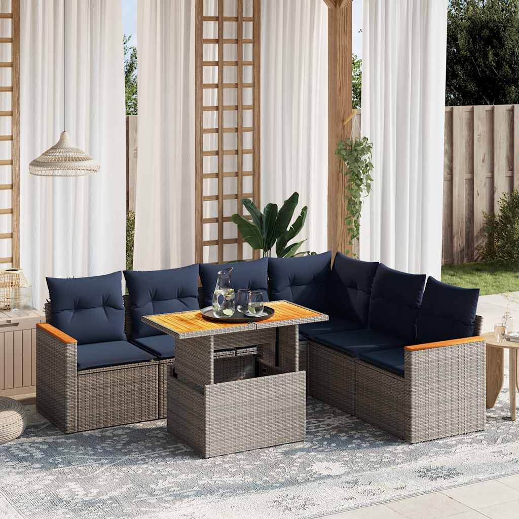 7 pcs conjunto sofás p/ jardim c/ almofadões vime PE cinzento