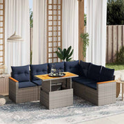 7 pcs conjunto sofás p/ jardim c/ almofadões vime PE cinzento