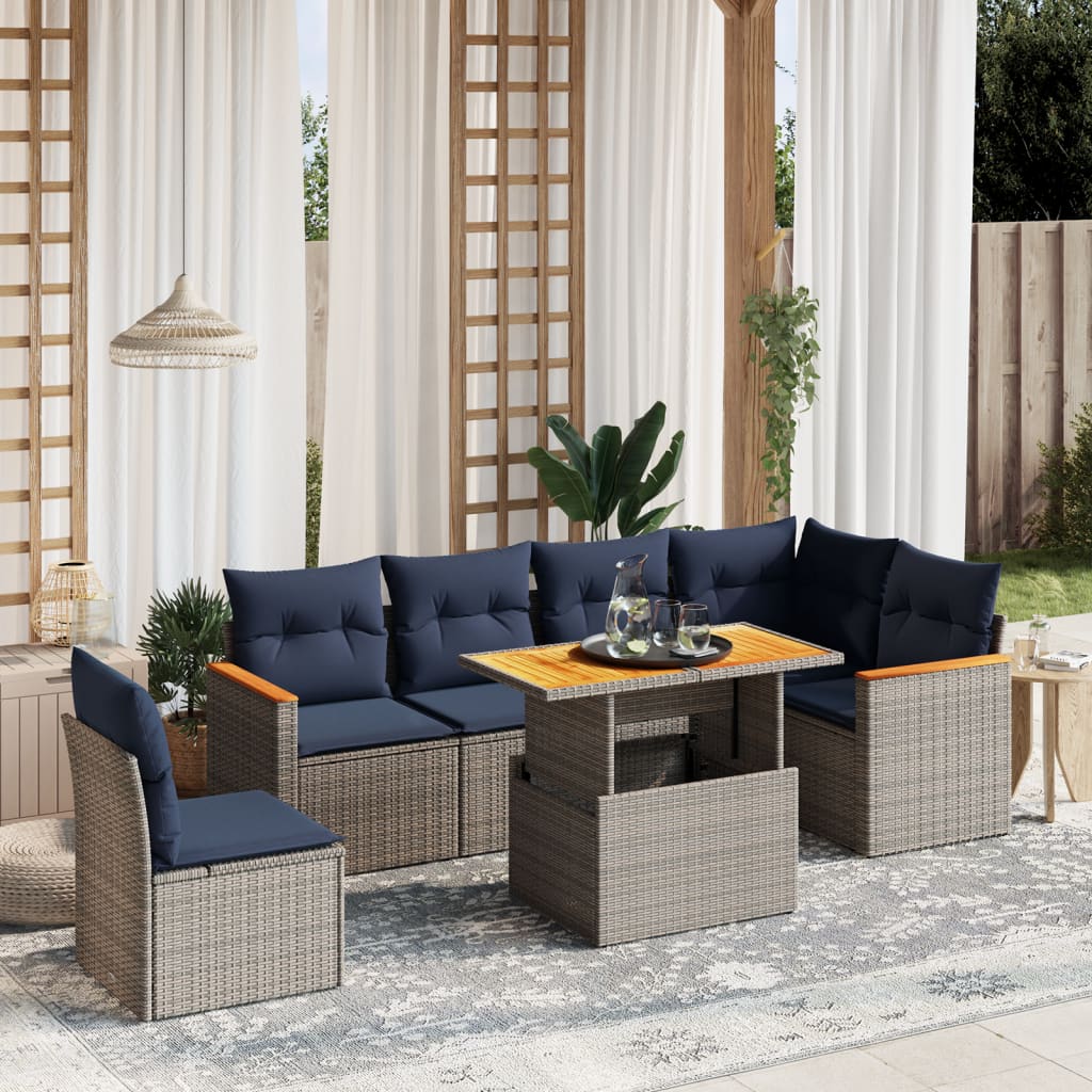 7 pcs conjunto sofás p/ jardim c/ almofadões vime PE cinzento