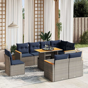 9 pcs conjunto sofás p/ jardim c/ almofadões vime PE cinzento