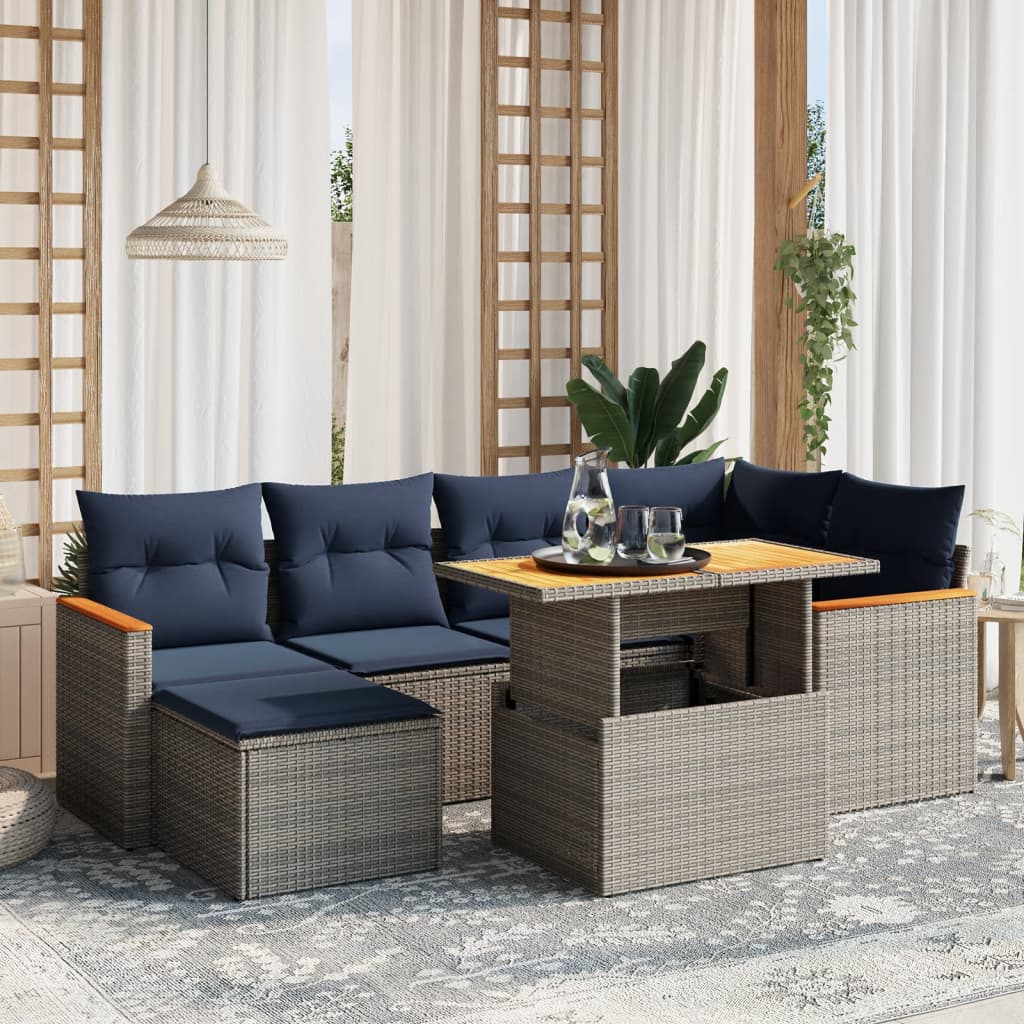 7 pcs conjunto sofás p/ jardim c/ almofadões vime PE cinzento