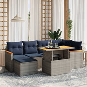 7 pcs conjunto sofás p/ jardim c/ almofadões vime PE cinzento