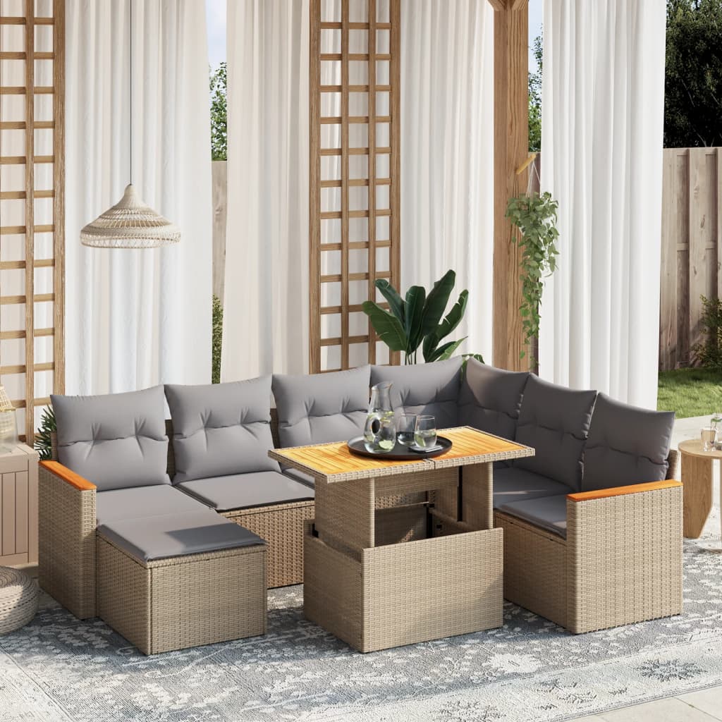 8 pcs conjunto de sofás p/ jardim com almofadões vime PE bege