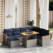 8 pcs conjunto sofás p/ jardim c/ almofadões vime PE cinzento