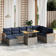 9 pcs conjunto sofás p/ jardim c/ almofadões vime PE cinzento