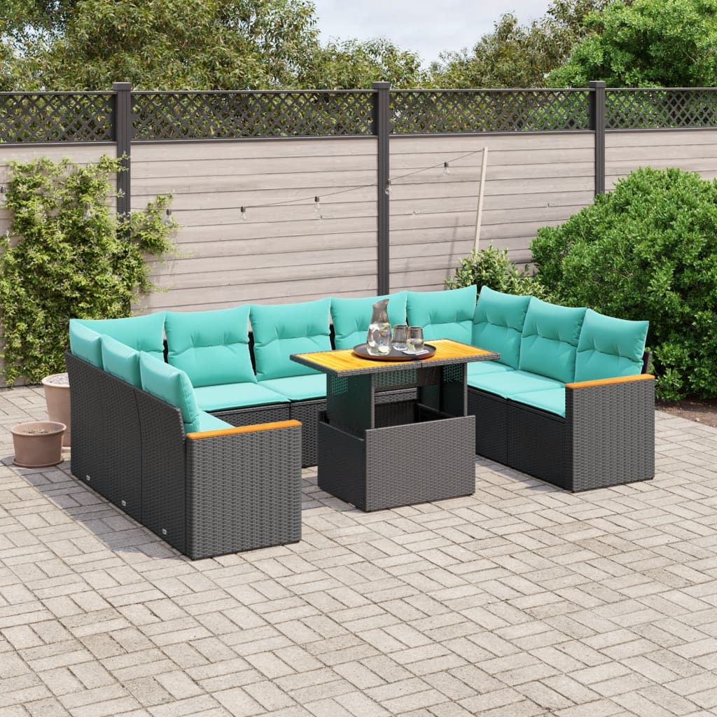 10 pcs conjunto de sofás p/ jardim c/ almofadões vime PE preto