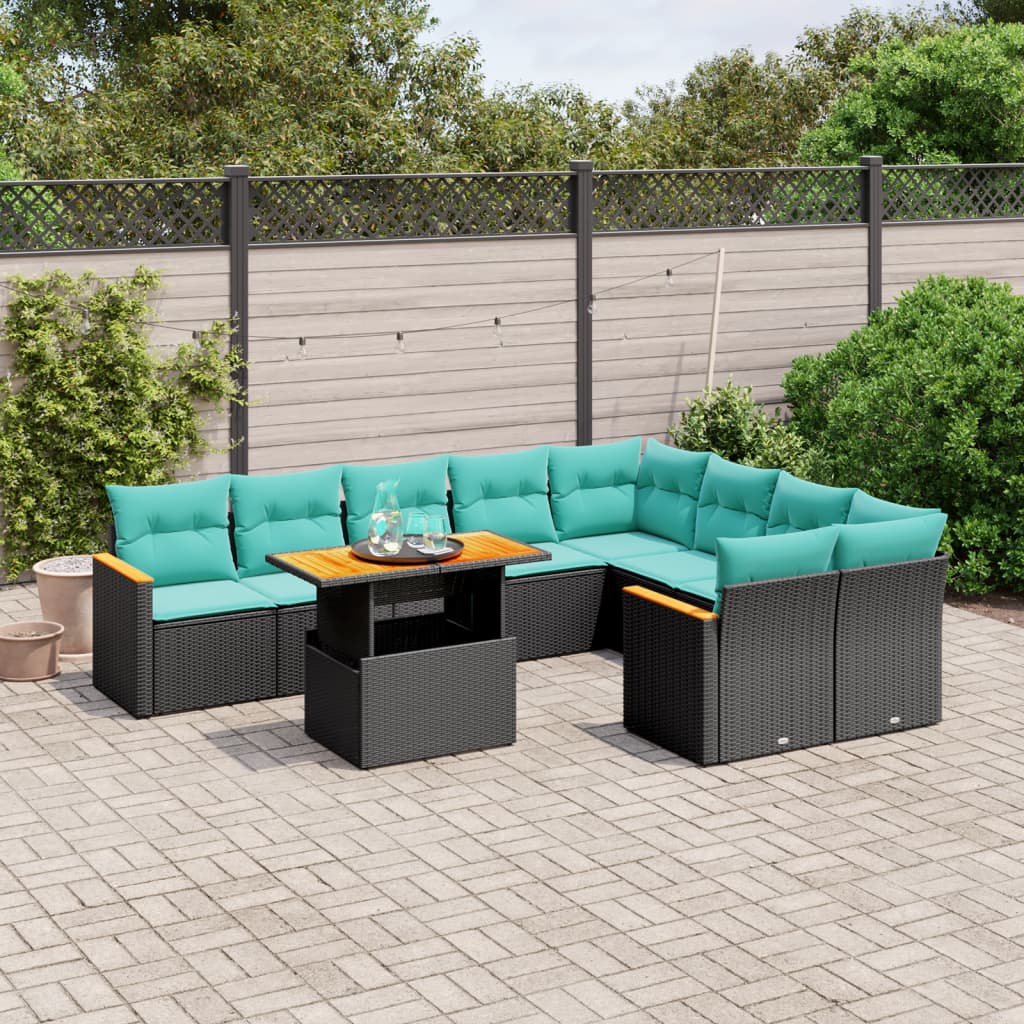 10 pcs conjunto de sofás p/ jardim c/ almofadões vime PE preto