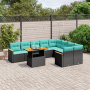 10 pcs conjunto de sofás p/ jardim c/ almofadões vime PE preto
